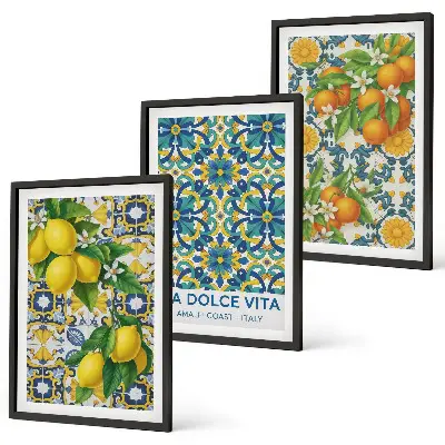 Wanddecoratieset met schilderijen met citroenen en oranjebloesem in Italiaanse stijl