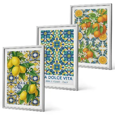 Wanddecoratieset met schilderijen met citroenen en oranjebloesem in Italiaanse stijl