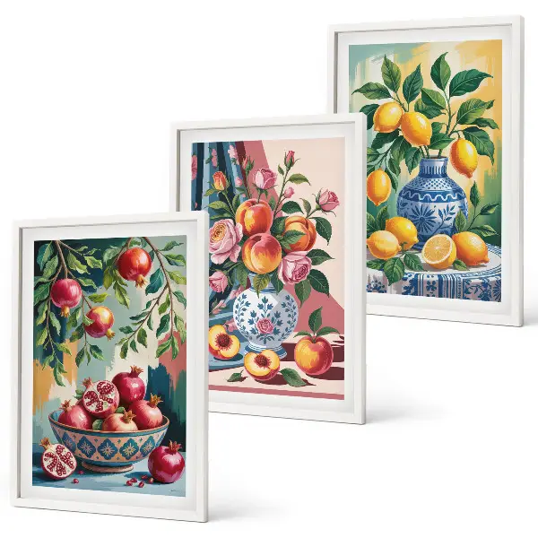 Fotowand met bloemen en fruit in vazen
