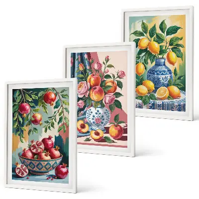 Fotowand met bloemen en fruit in vazen