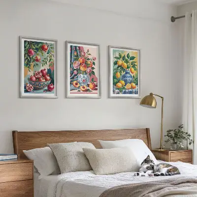 Fotowand met bloemen en fruit in vazen