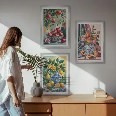 Fotowand met bloemen en fruit in vazen