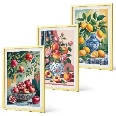 Fotowand met bloemen en fruit in vazen