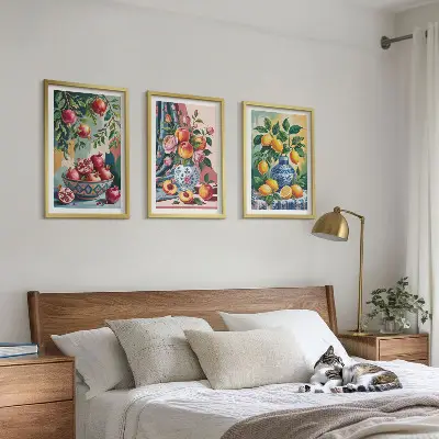 Fotowand met bloemen en fruit in vazen