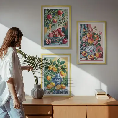Fotowand met bloemen en fruit in vazen