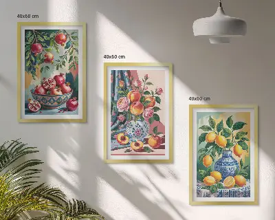 Fotowand met bloemen en fruit in vazen