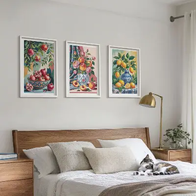 Fotowand met bloemen en fruit in vazen