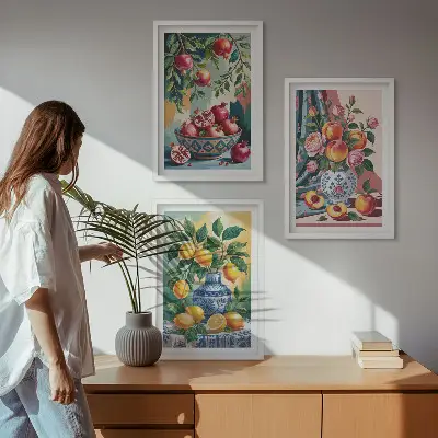 Fotowand met bloemen en fruit in vazen