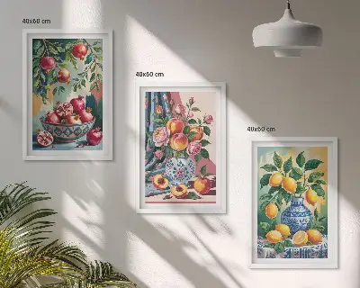 Fotowand met bloemen en fruit in vazen