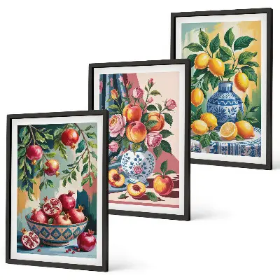 Fotowand met bloemen en fruit in vazen