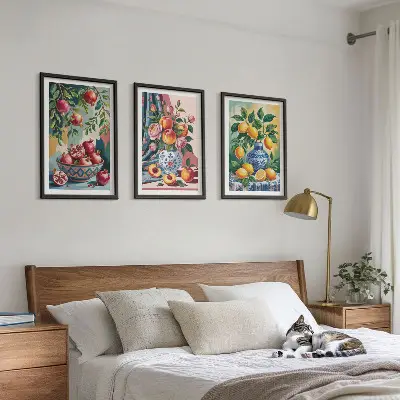 Fotowand met bloemen en fruit in vazen