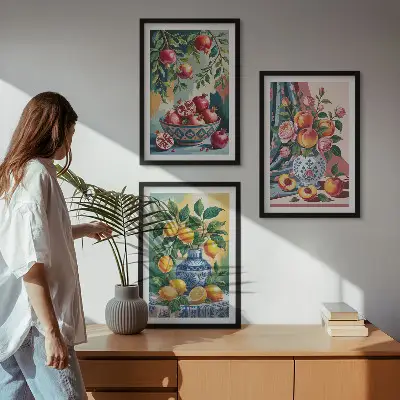 Fotowand met bloemen en fruit in vazen