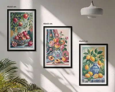 Fotowand met bloemen en fruit in vazen