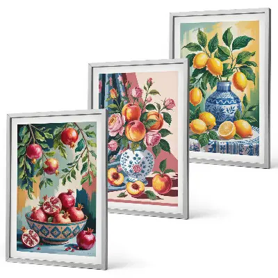 Fotowand met bloemen en fruit in vazen