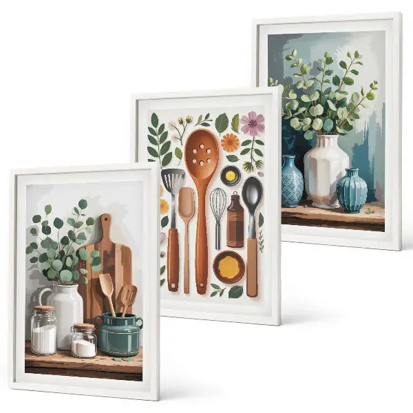 Wanddecoratieset met schilderijen keukenaccessoires met plantenmotief