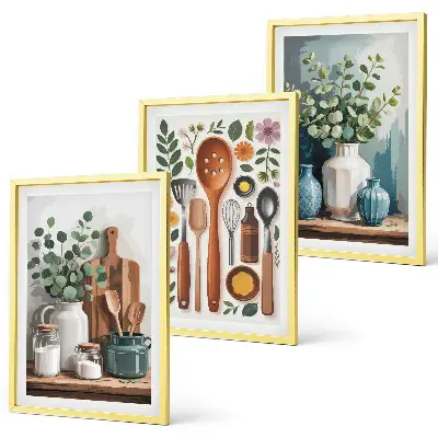 Wanddecoratieset met schilderijen keukenaccessoires met plantenmotief