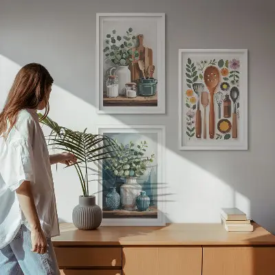 Wanddecoratieset met schilderijen keukenaccessoires met plantenmotief
