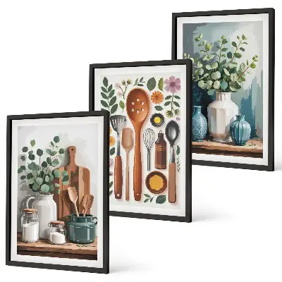 Wanddecoratieset met schilderijen keukenaccessoires met plantenmotief
