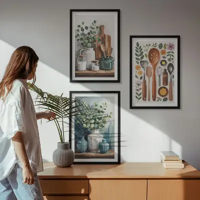 Wanddecoratieset met schilderijen keukenaccessoires met plantenmotief