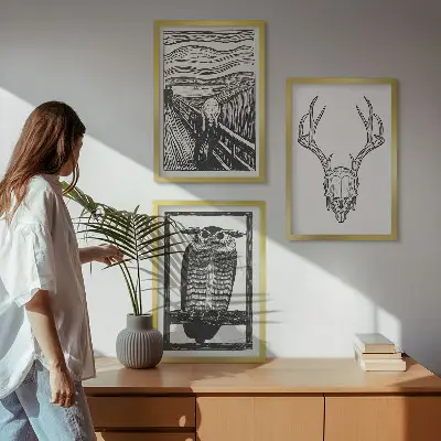 Fotowand met illustratie van een schreeuwende schedel en een uil