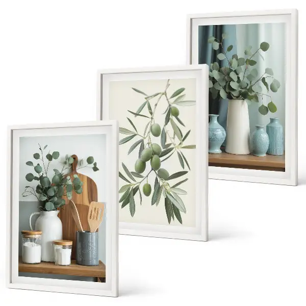 Wanddecoratie set schilderijen groene olijven en eucalyptus