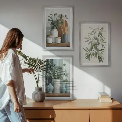 Wanddecoratie set schilderijen groene olijven en eucalyptus