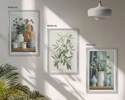 Wanddecoratie set schilderijen groene olijven en eucalyptus