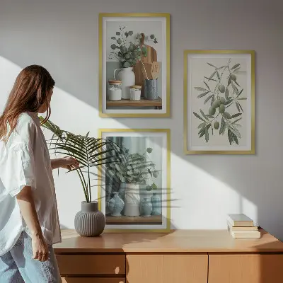 Wanddecoratie set schilderijen groene olijven en eucalyptus