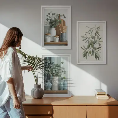 Wanddecoratie set schilderijen groene olijven en eucalyptus