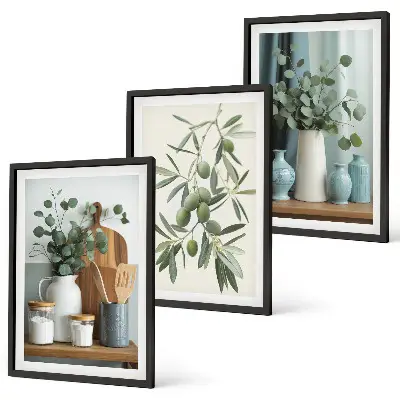Wanddecoratie set schilderijen groene olijven en eucalyptus