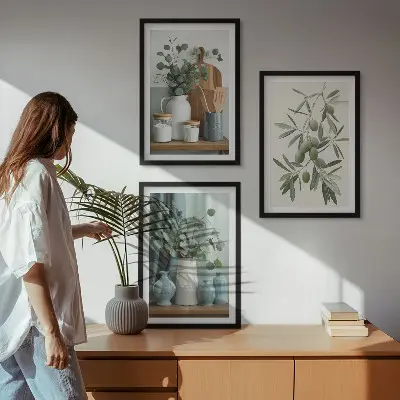 Wanddecoratie set schilderijen groene olijven en eucalyptus