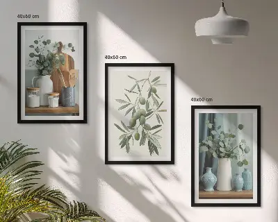 Wanddecoratie set schilderijen groene olijven en eucalyptus