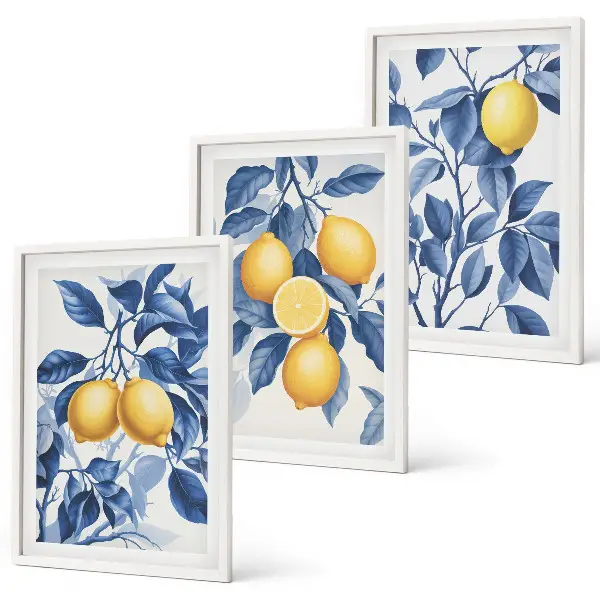 Wanddecoratieset schilderijen citroentakken met blauwe bladeren
