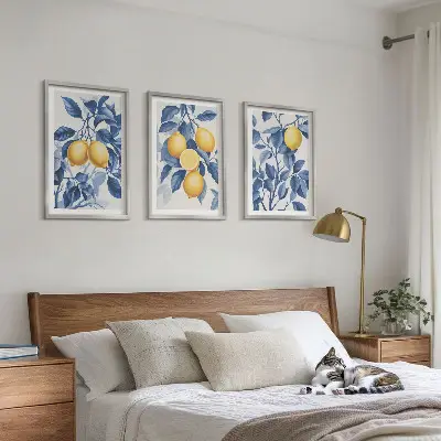 Wanddecoratieset schilderijen citroentakken met blauwe bladeren