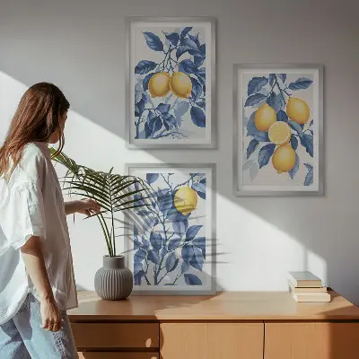 Wanddecoratieset schilderijen citroentakken met blauwe bladeren