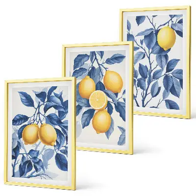 Wanddecoratieset schilderijen citroentakken met blauwe bladeren