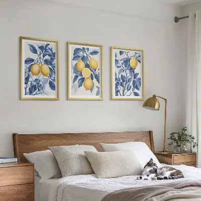 Wanddecoratieset schilderijen citroentakken met blauwe bladeren