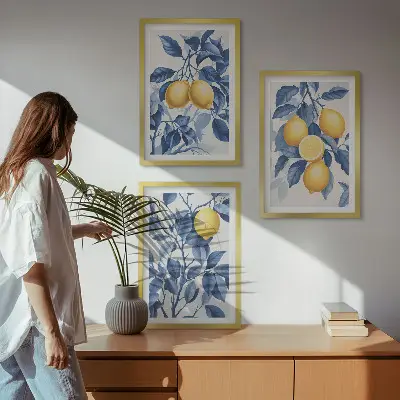 Wanddecoratieset schilderijen citroentakken met blauwe bladeren