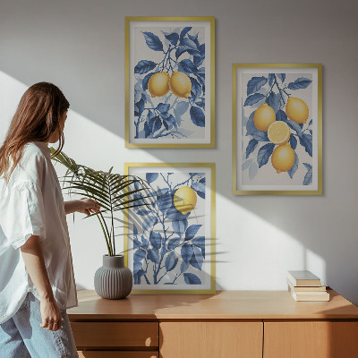 Wanddecoratie set schilderijen Cytryny gałęzie niebieskie liście