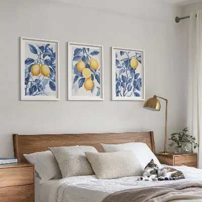 Wanddecoratieset schilderijen citroentakken met blauwe bladeren