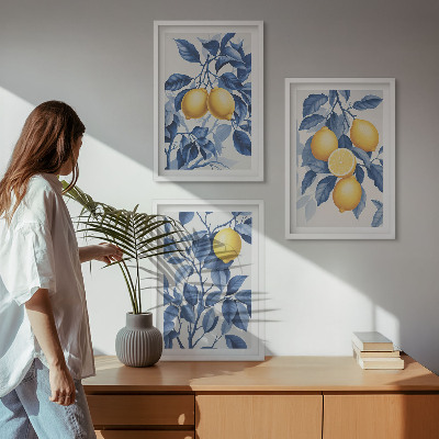 Wanddecoratie set schilderijen Cytryny gałęzie niebieskie liście