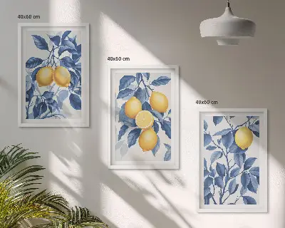 Wanddecoratieset schilderijen citroentakken met blauwe bladeren