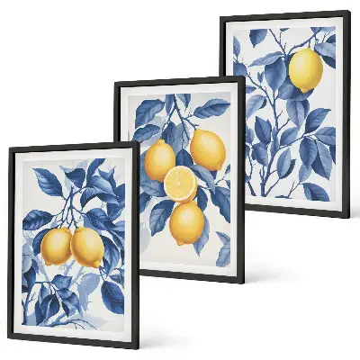 Wanddecoratieset schilderijen citroentakken met blauwe bladeren