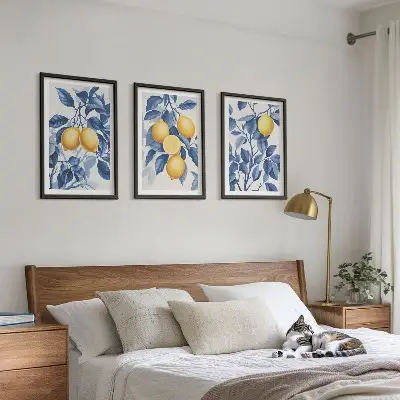 Wanddecoratieset schilderijen citroentakken met blauwe bladeren