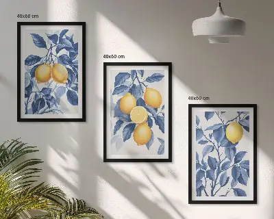 Wanddecoratieset schilderijen citroentakken met blauwe bladeren