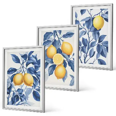 Wanddecoratieset schilderijen citroentakken met blauwe bladeren