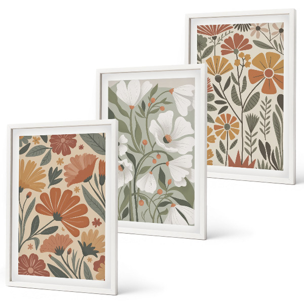 Wanddecoratie set schilderijen Kwiatowe wzory pomarańczowe zielone