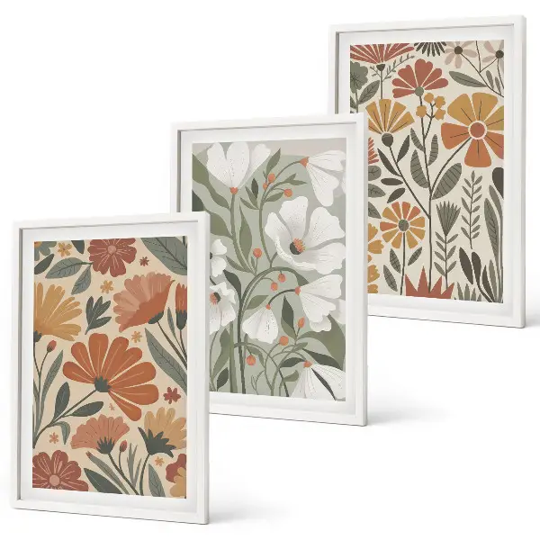 Set schilderijen voor wanddecoratie met oranje en groene bloemmotieven