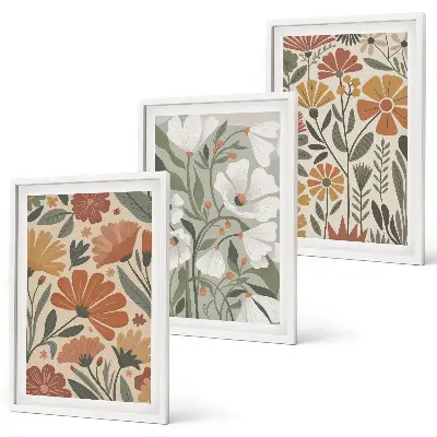 Set schilderijen voor wanddecoratie met oranje en groene bloemmotieven