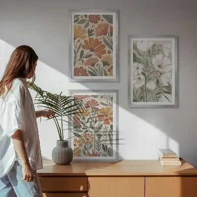 Set schilderijen voor wanddecoratie met oranje en groene bloemmotieven